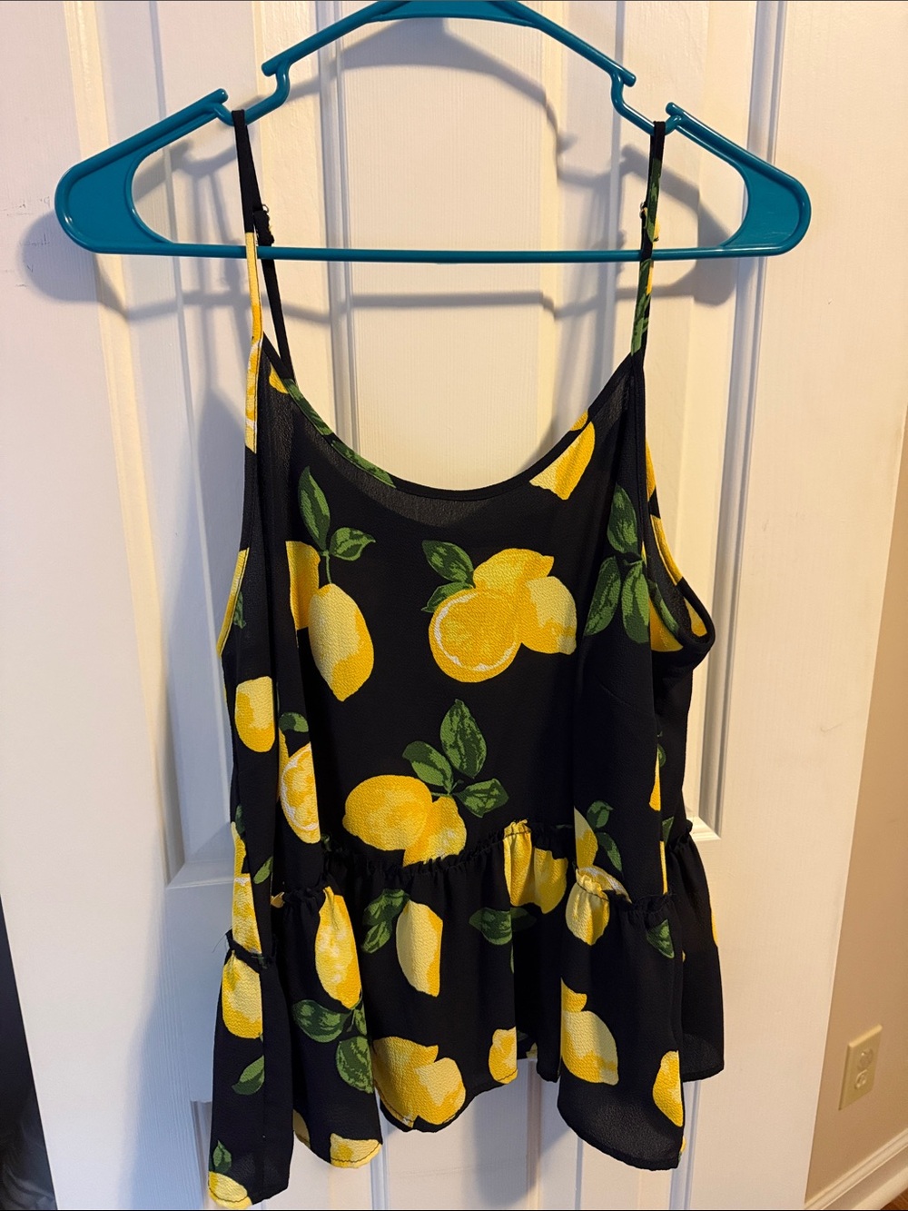 Mud Pie Black Lemon Print Spaghetti Strap Peplum Tank